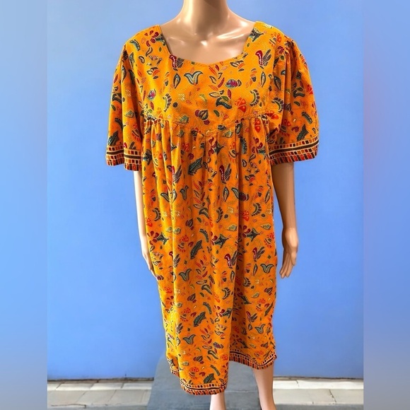 Hand Crafted Dresses & Skirts - Ankara African print kaftan tunic dress orange with pocket-L OS custom made
